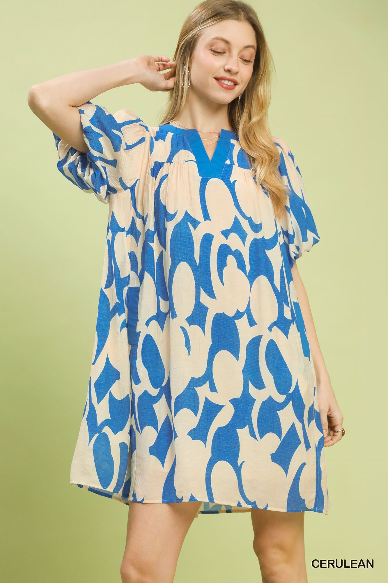Umgee Cerulean Abstract Print Puff Sleeve Shift Dress CERULEAN