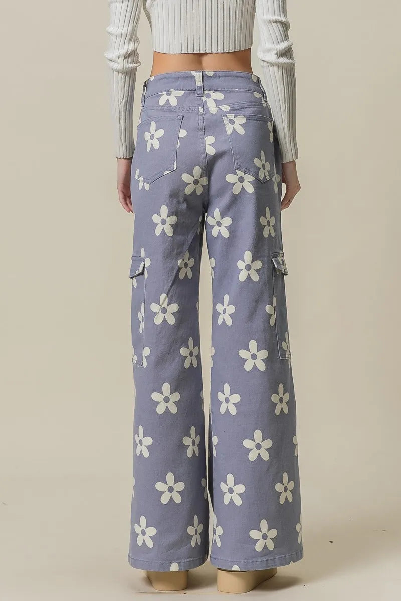 BiBi Dusty Lavender Flower Printed Side Pocket Wide Pants