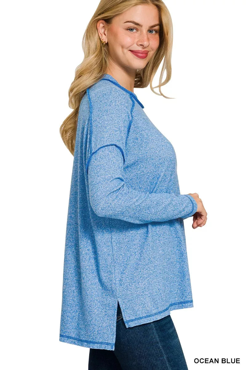 Zenana Ocean Blue Melange Hacci Exposed Seam Hi-low Top