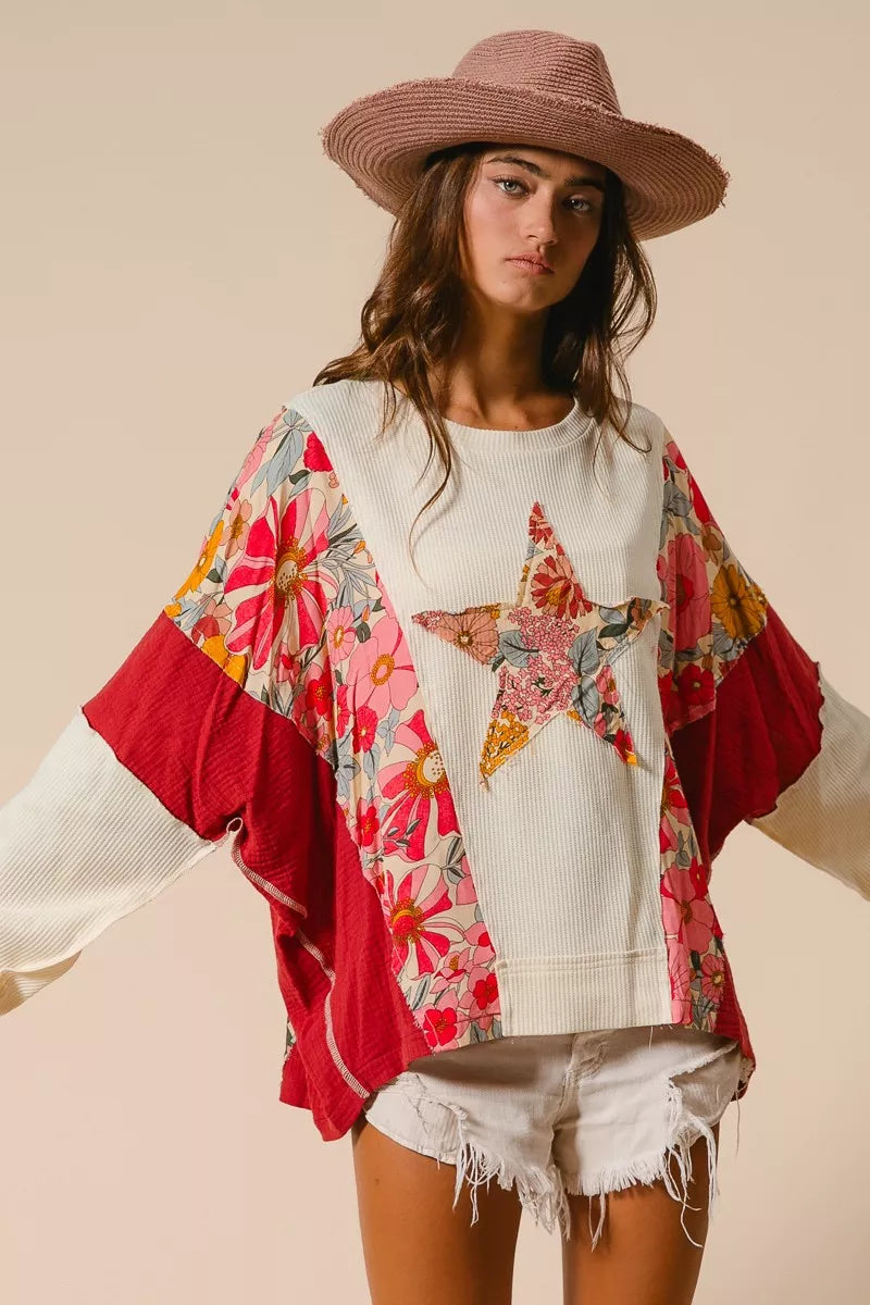 BiBi Floral Print Mixed Star Patch Round Neck Sweatshirt