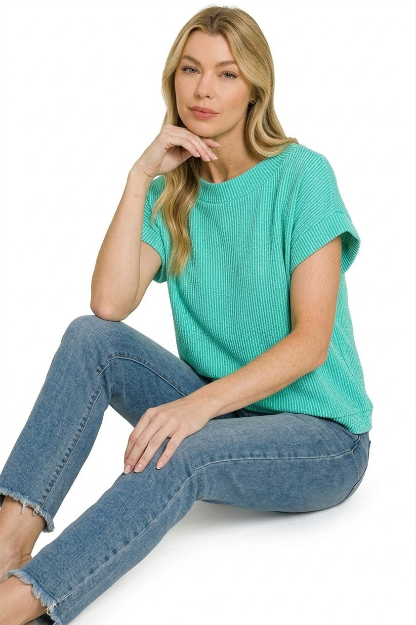 Zenana Turquoise Raised Rib Cap Sleeve Top