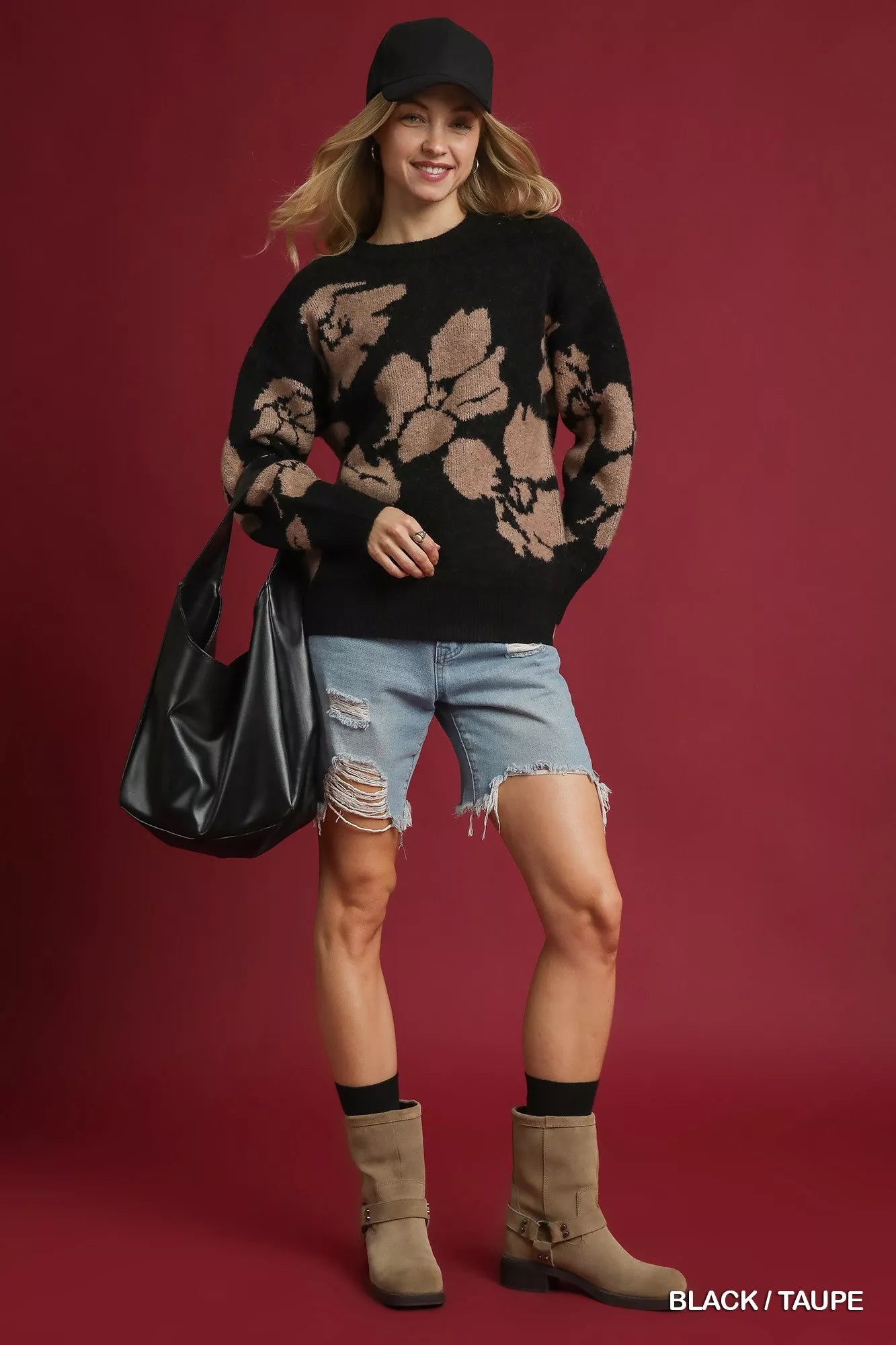 Umgee Black & Taupe Floral Long Sleeve Sweater