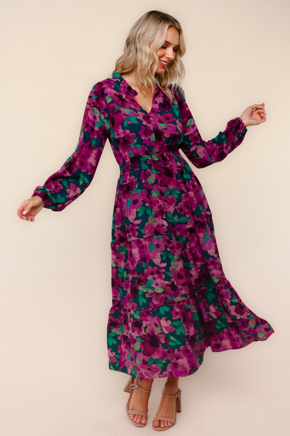 Haptics Watercolor Floral Fit And Flare Smocked Waist Maxi Dress