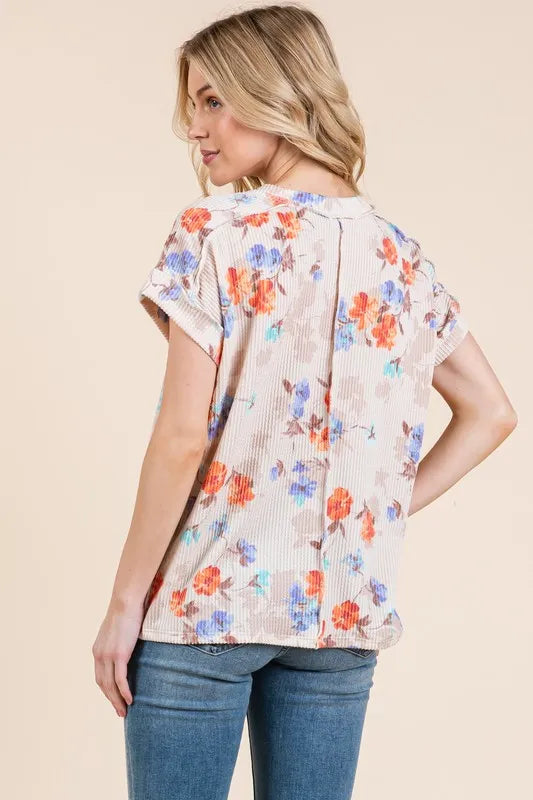 BOMBOM Floral Round Neck RIbbed T-Shirt