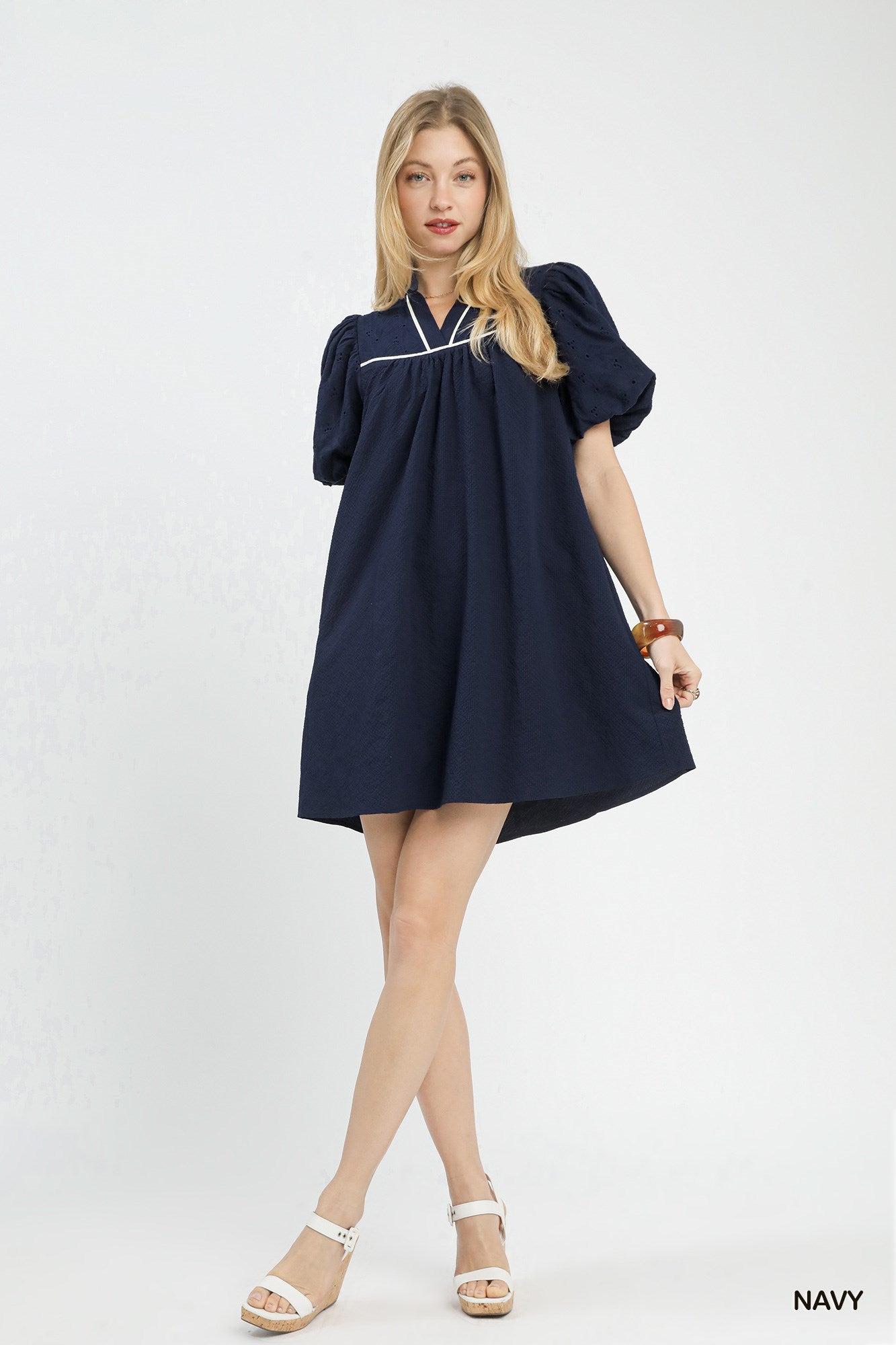 Umgee Navy Puff Sleeve Textured Babydoll Dress