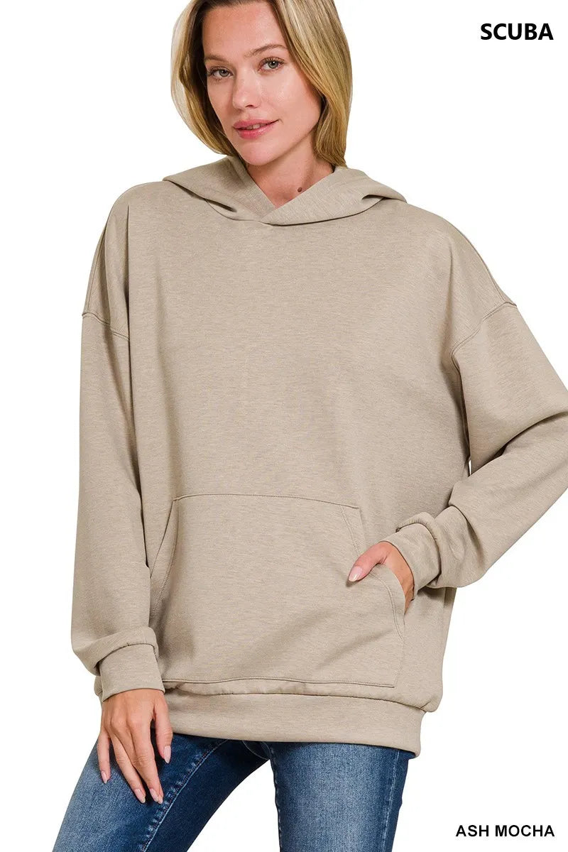 Zenana Ash Mocha Oversized Scuba Hoodie with Kangaroo Pocket