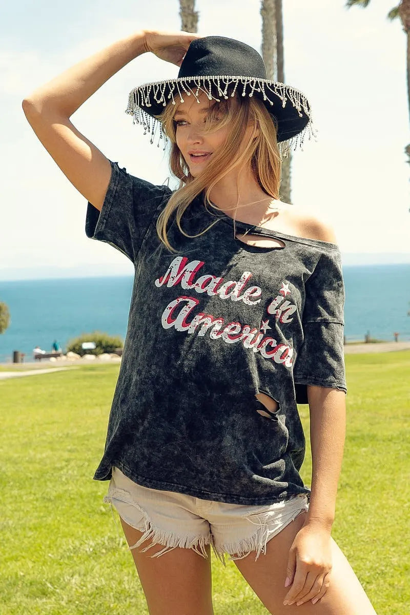 BiBi Laser Cut Mineral Washed Made in America Print Top