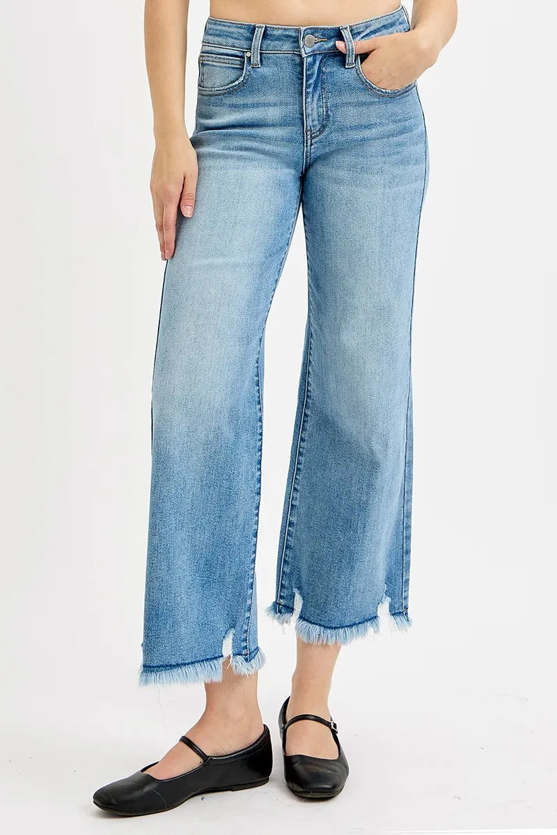 RISEN Light Washed Mid Rise Frayed Hem Crop Wide Leg Jeans LIGHT