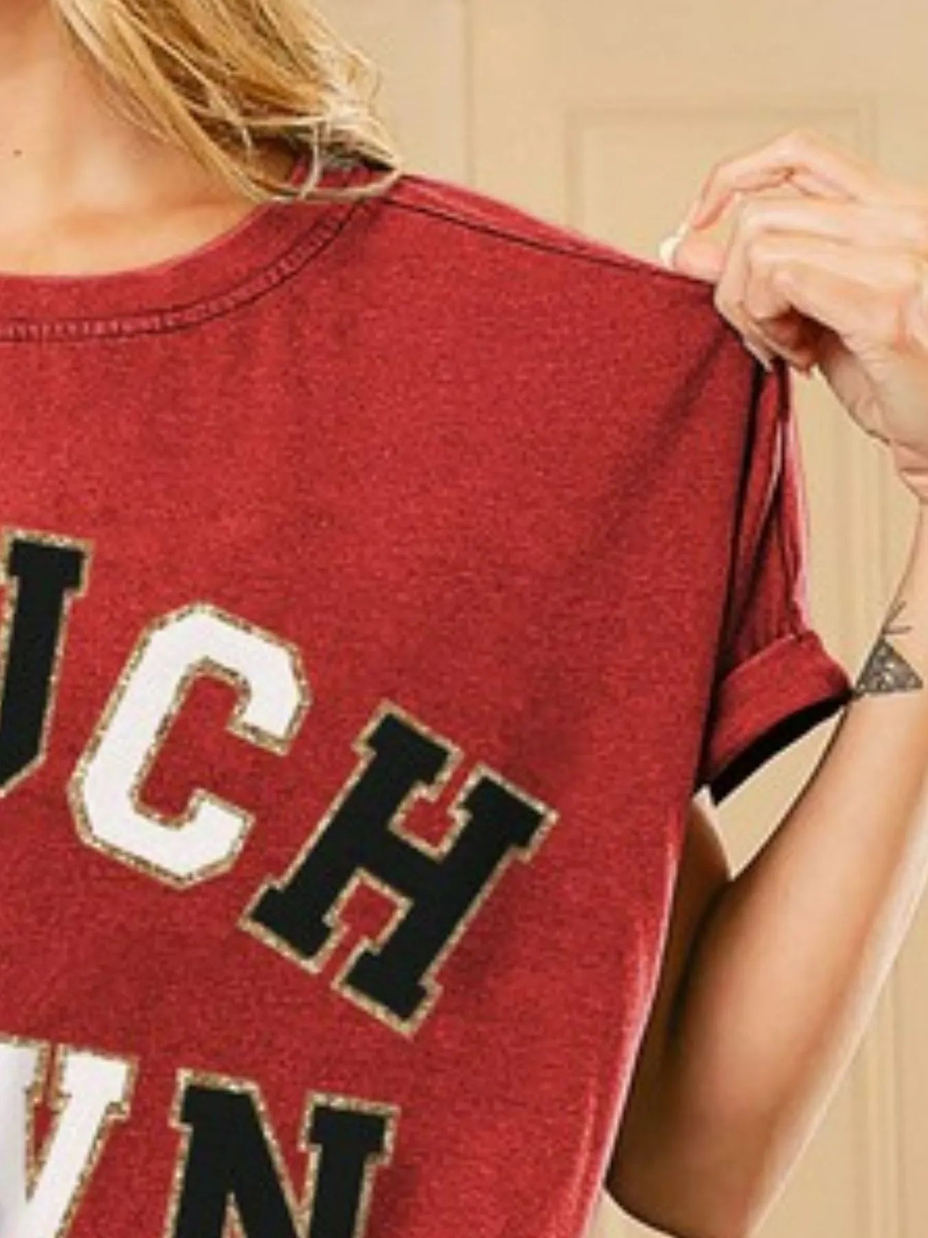 BiBi Red & Black Touchdown Letter Patches Loose Fit Vintage Washed Top