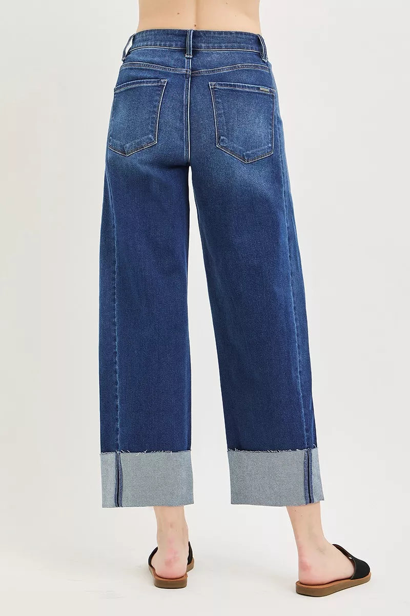 RISEN Dark Washed Slouchy Crop Barrel Cuffed Jeans