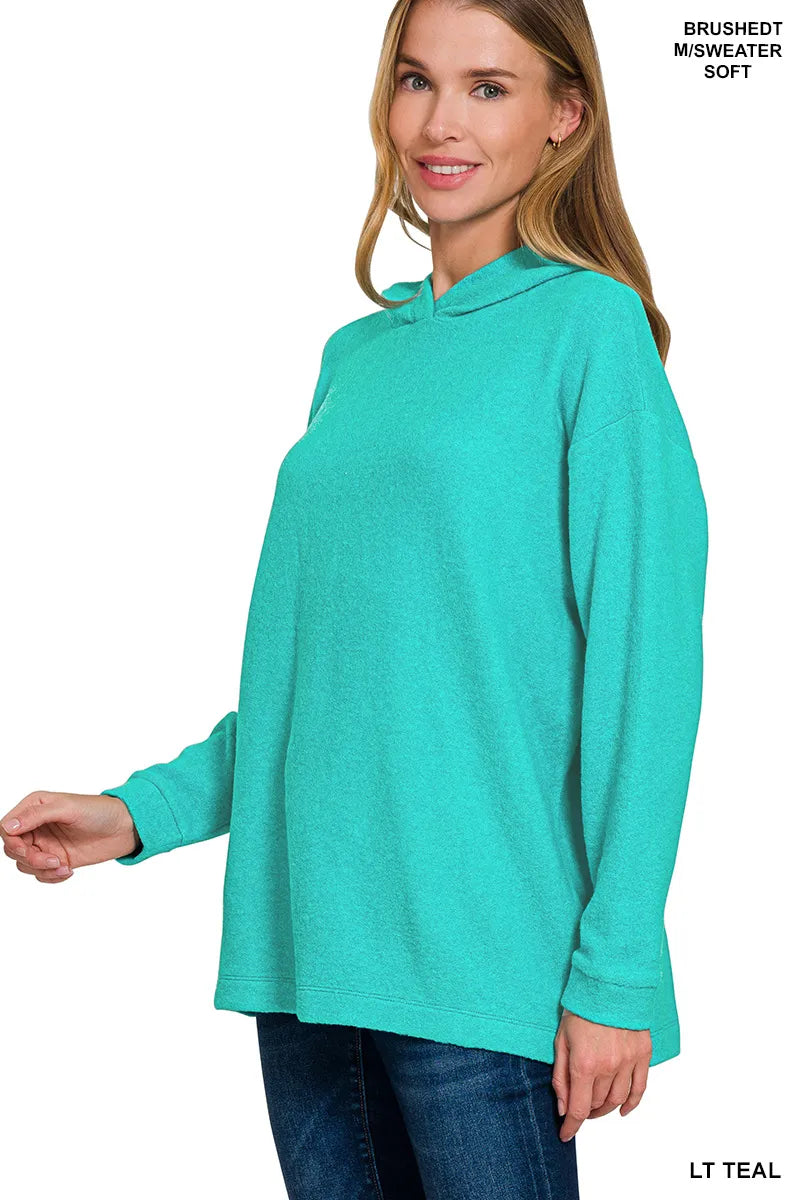Zenana Light Teal Hooded Brushed Melange Hacci Sweater