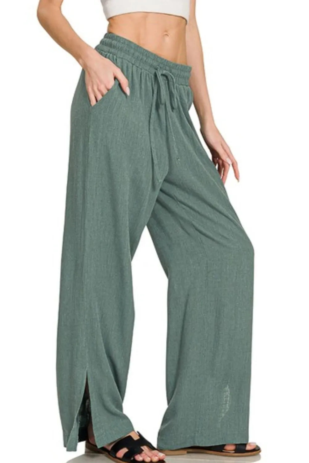 Zenana Ash Jade Linen Drawstring Pants