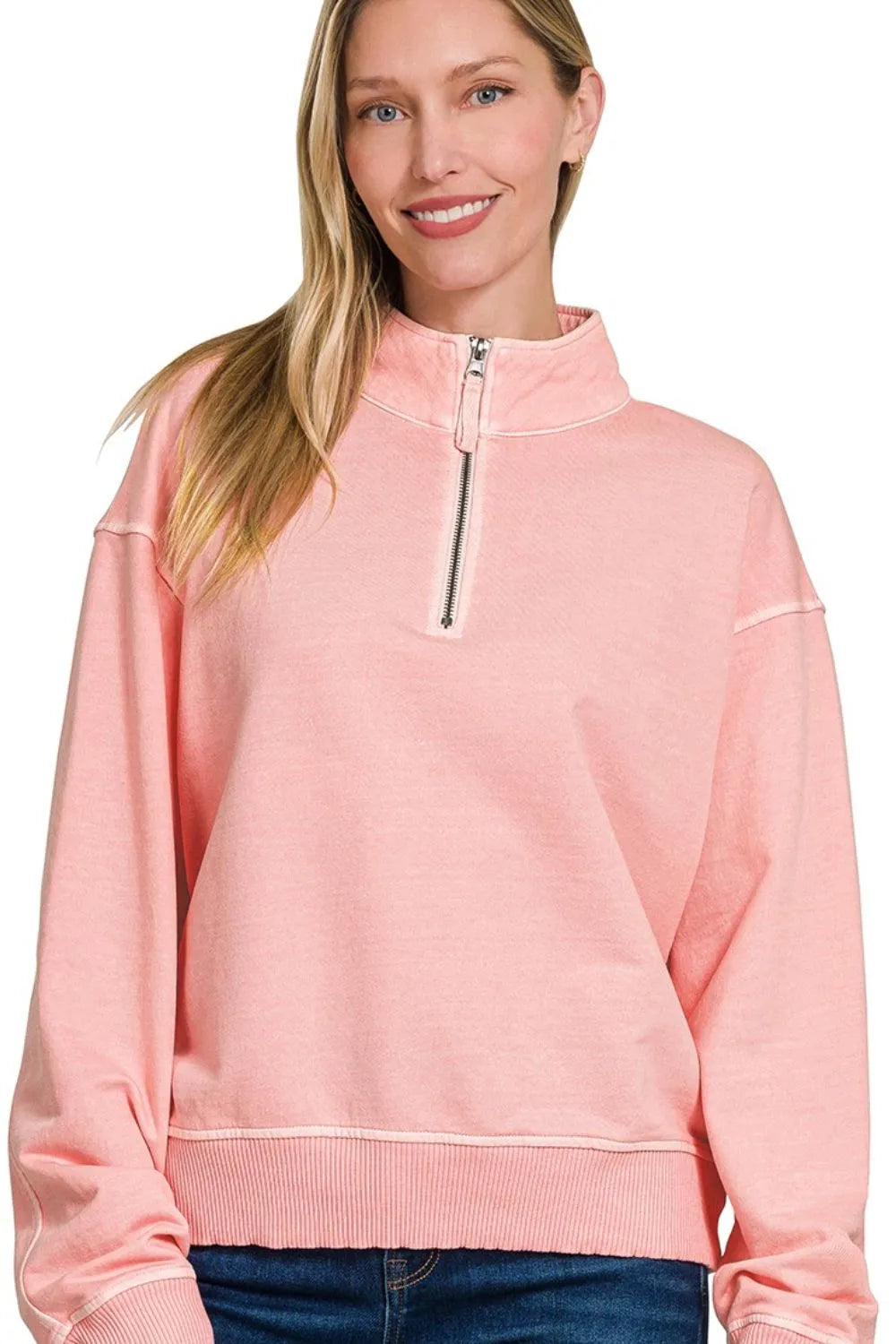 Zenana Pink French Terry Pigment & Enzyme Washing Half Zip Top