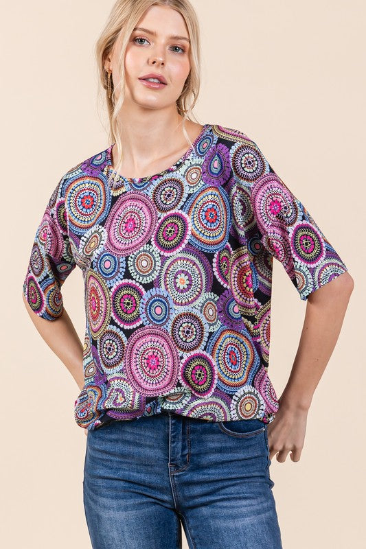 BOMBOM Mauve Multi Printed Round Neck Half Sleeve Top