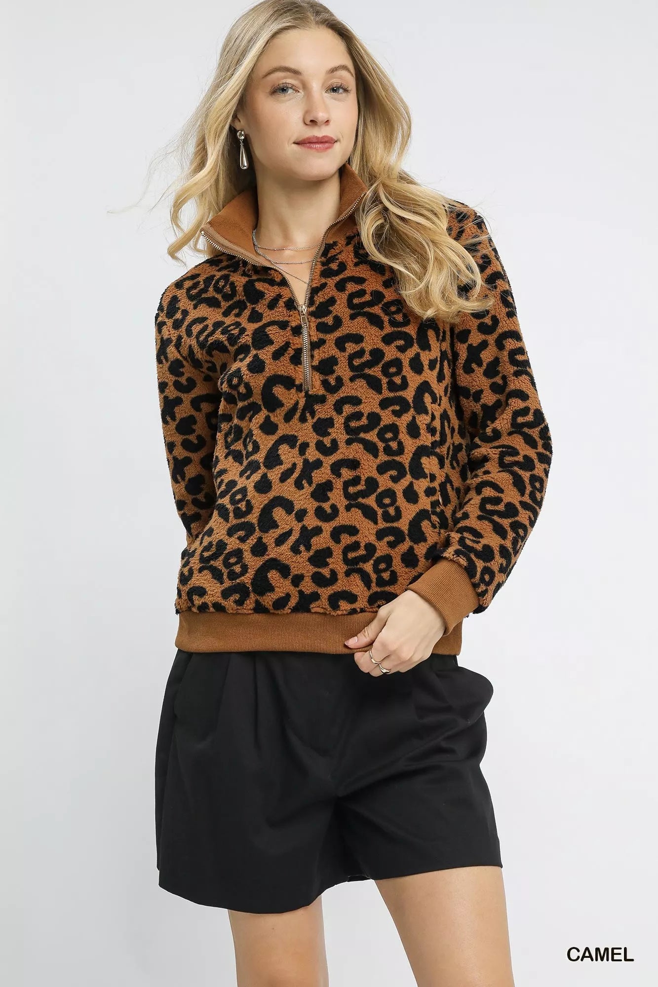 Umgee Camel Leopard Print Quarter-Zip Sweatshirt