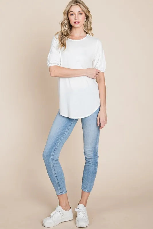 BOMBOM Ivory Round Neck Puff Sleeve T-Shirt
