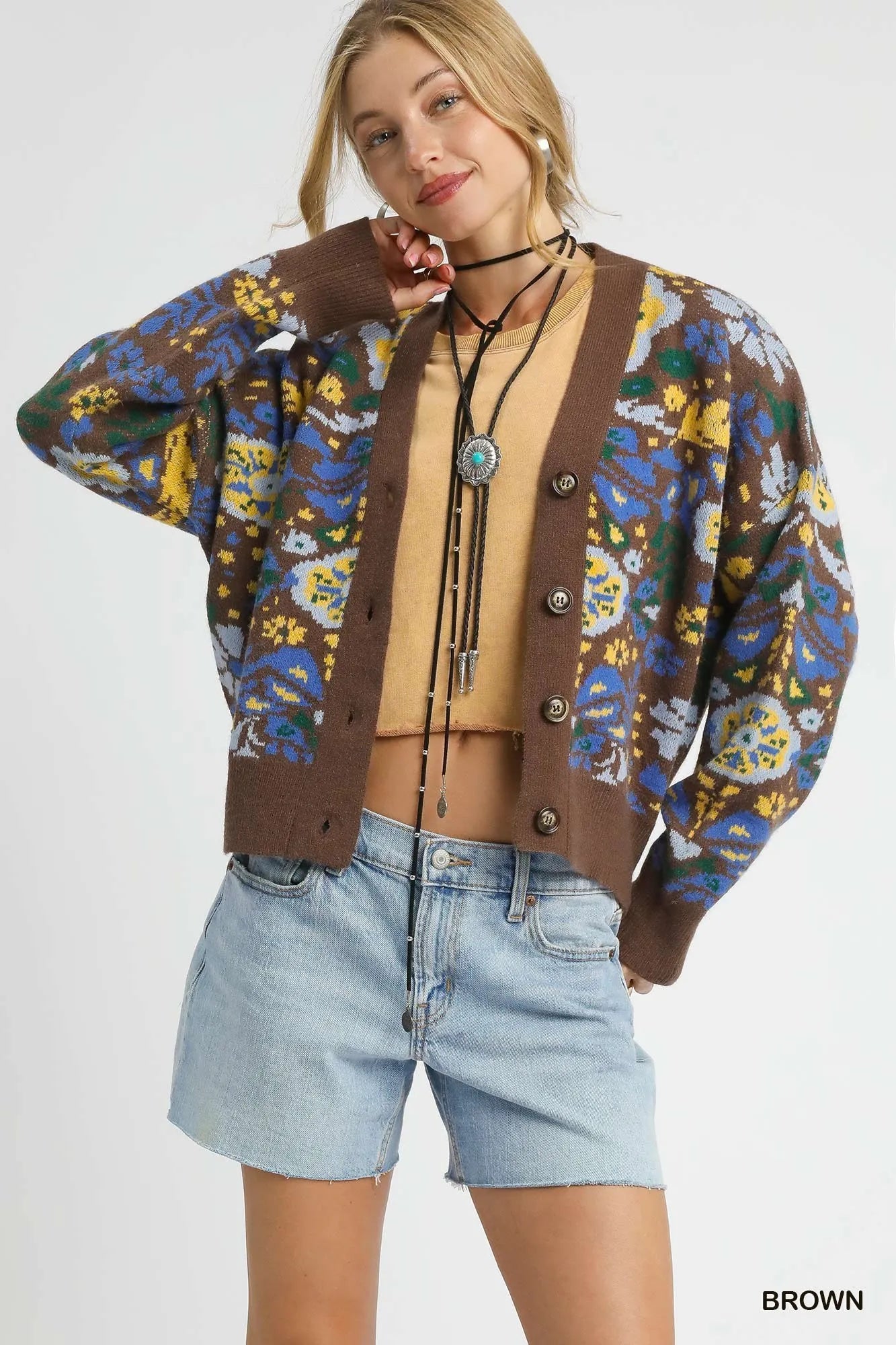 Umgee Brown Floral Knit Button-Up Cardigan