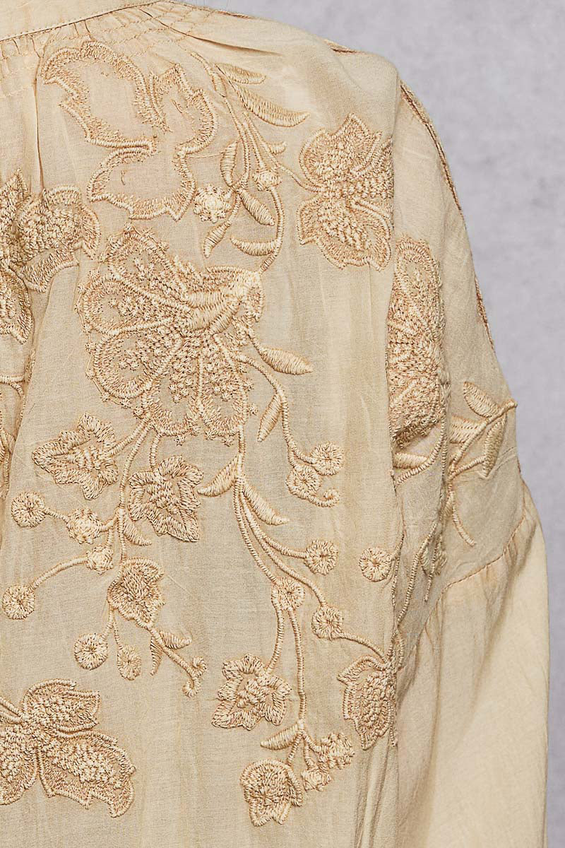POL Almond Embroidery Button Down Long Sleeve Bohemian Washed Shirt