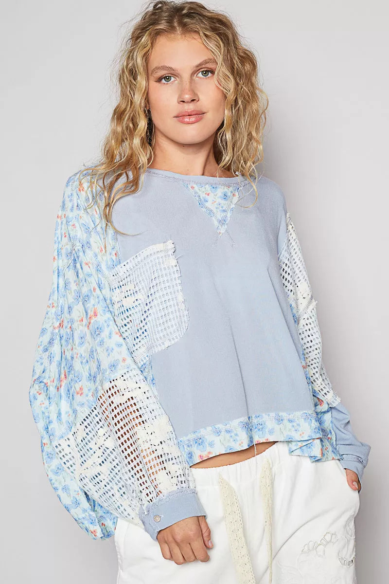 POL Sky Blue Round Neck Cropped Gauze Floral Pattern Top with Overlock Stitch Detail SKY BLUE