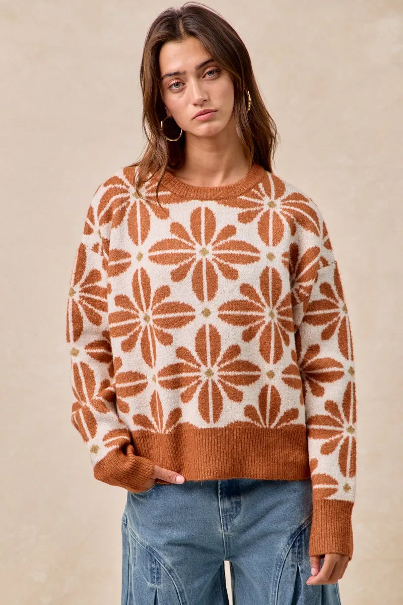 BiBi Rust & Ivory Flower Pattern Long Sleeve Sweater