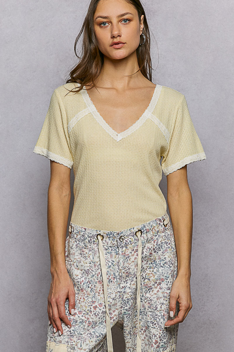 POL Lemon Lace Detail V-Neck Short Sleeve Textured T-Shirt