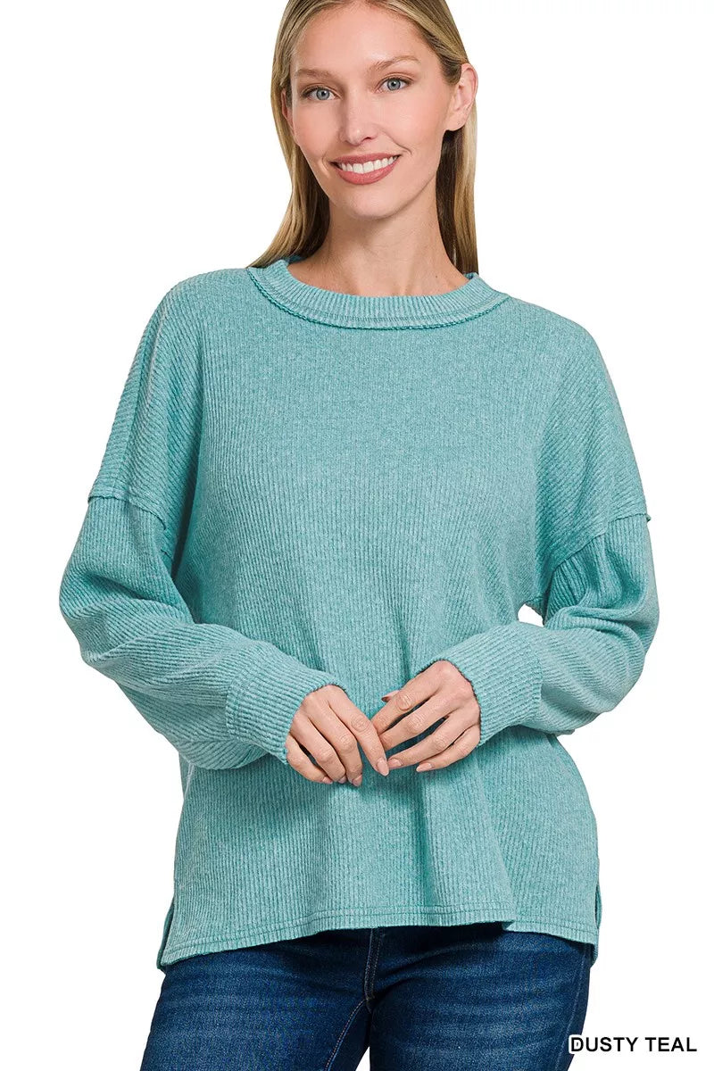 Zenana Dusty Teal Brushed Ribbed Hacci Drop Shoulder Sweater DUSTY TEAL