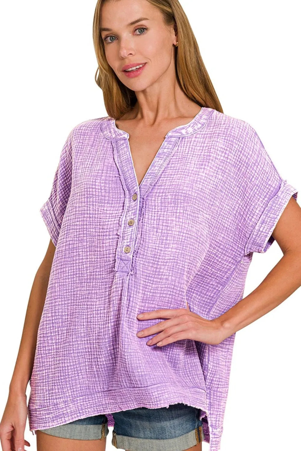 Zenana Lavender Washed Double Gauze 3/4 Button Henley Neck Shirt LAVENDER