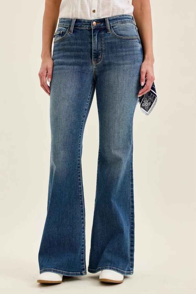 Judy Blue Mid Rise Jaqueline Flare with Triple Needle Back Pkts