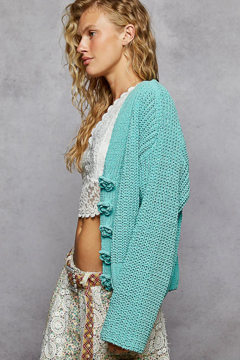 POL Aqua V-Neck Long Sleeve Cardigan with Crochet Exaggerated Buttons