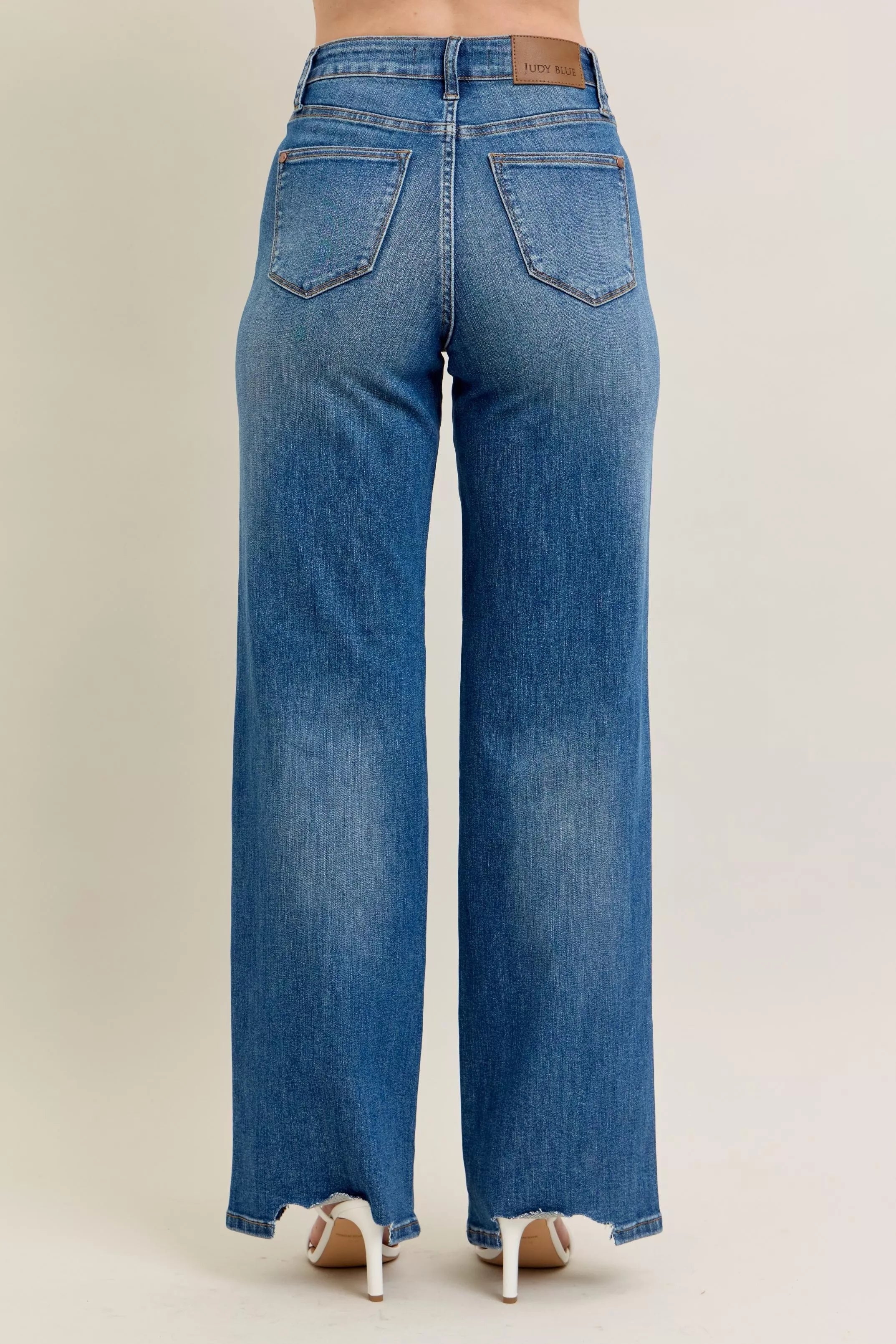 Judy Blue Medium Washed High Waist Tummy Control Chew Hem Destroyed Wide Jeans