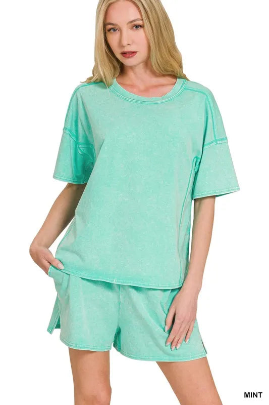 Zenana Dusty Teal Acid Washed Short Sleeve Tee & Shorts Set