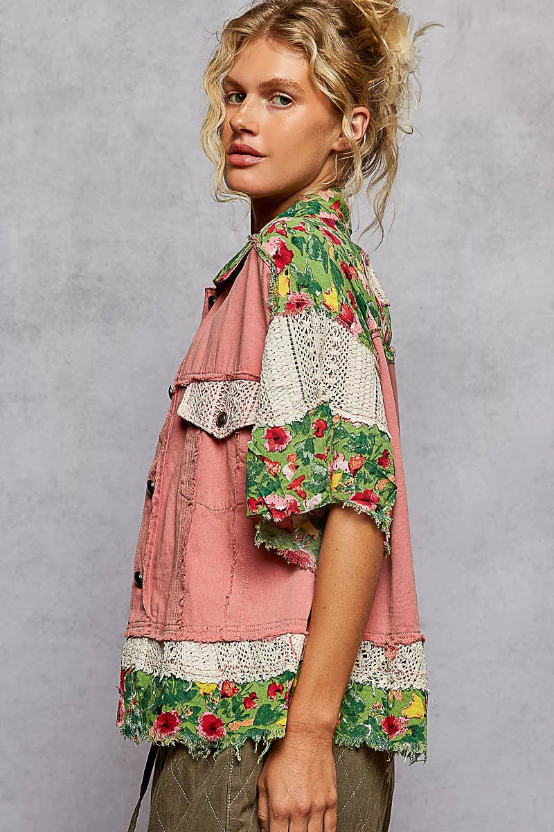 POL Guava Pink Multi Lace Patch Floral Half Sleeve Woven Jacket