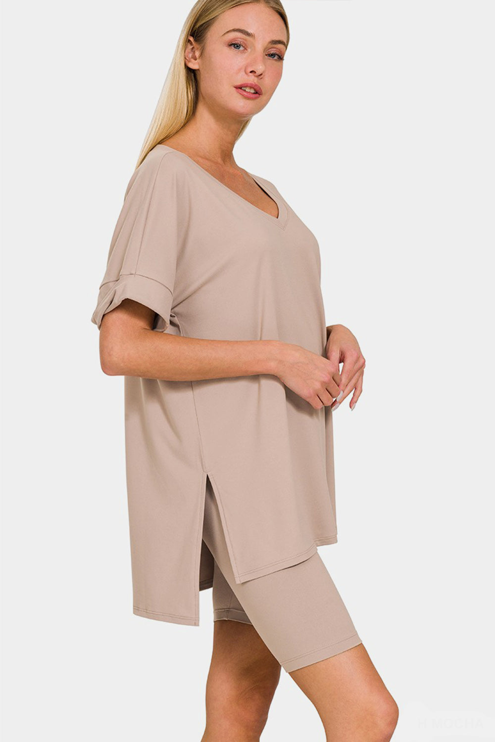 Zenana Ash Mocha V-Neck Short Sleeve Slit T-Shirt and Shorts Set Ash Mocha Loungewear
