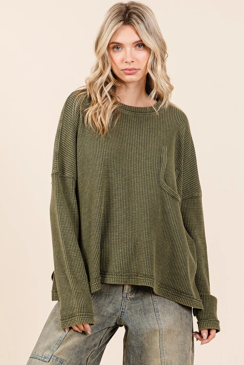 Mittoshop Olive Mineral Wash Cutout Pocket Long Sleeve Waffle Knit Top OLIVE
