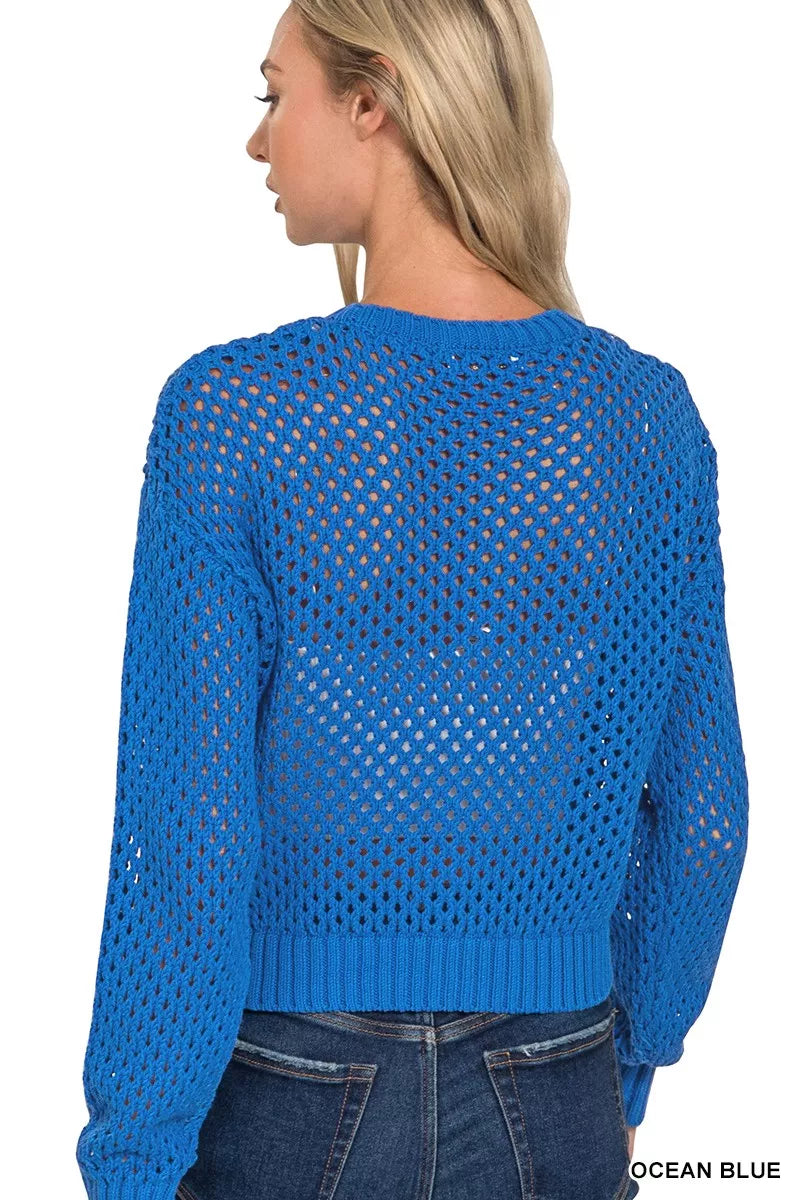 Zenana Ocean Blue Button Down Lightweight Crochet Cardigan Sweater