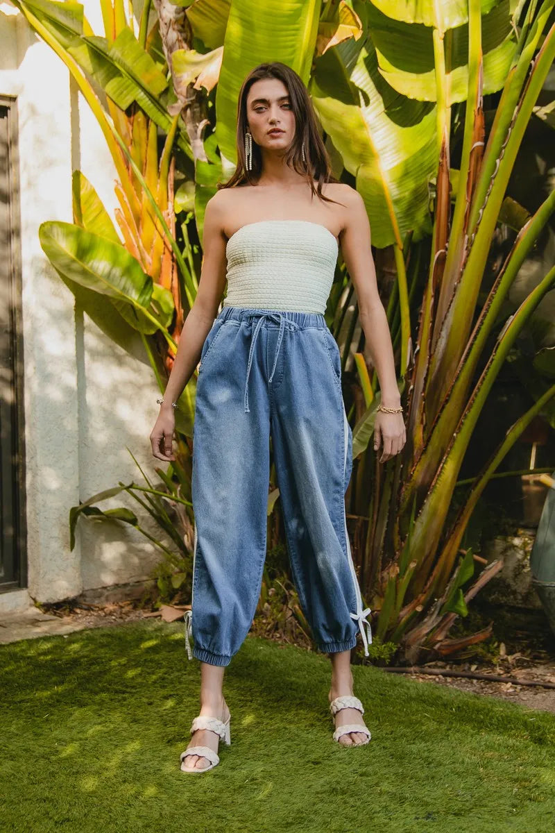 BiBi Striped Tape Details With Bow Tied Point Elastic Waist Jeans