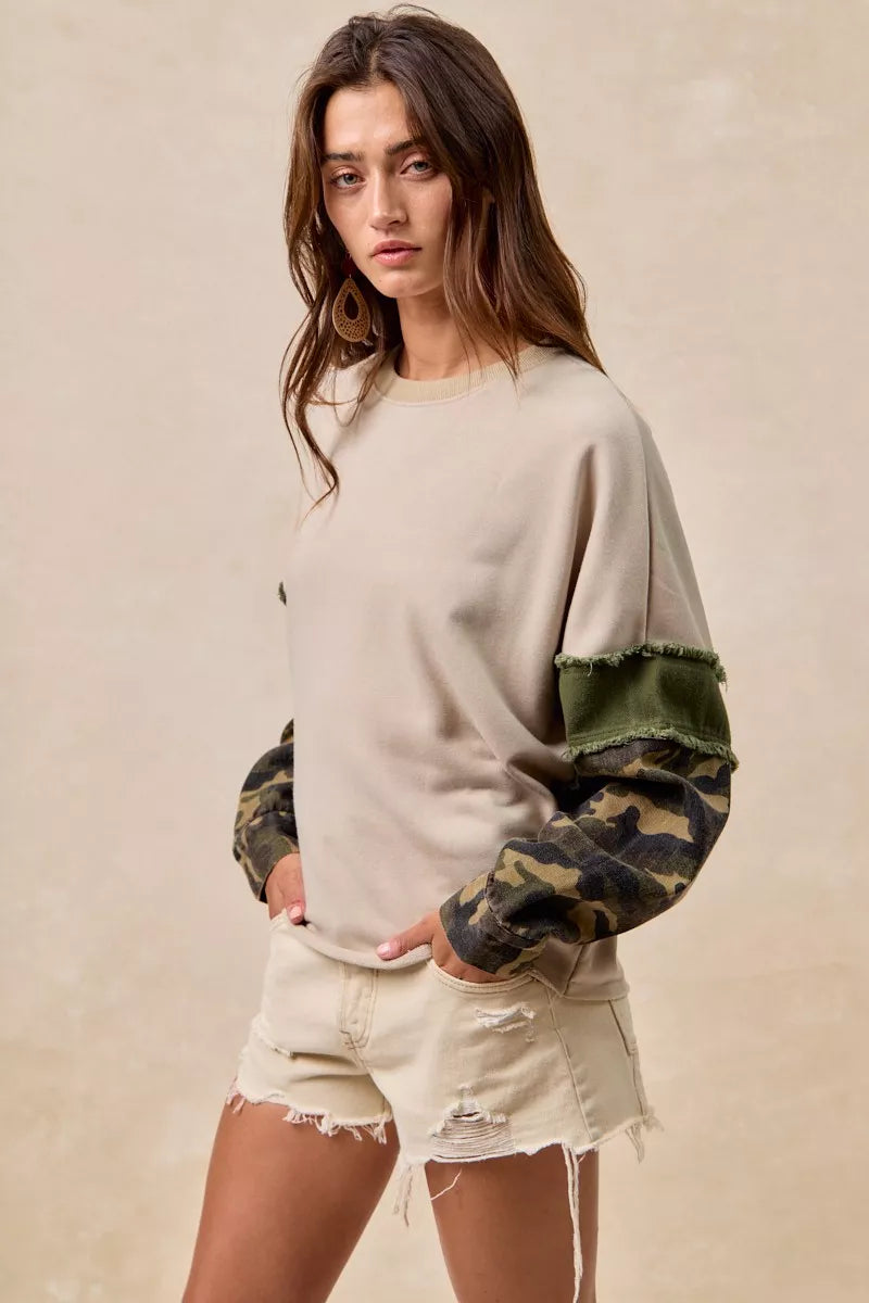 BiBi Taupe & Olive Camo Sleeve French Terry Top with Frayed Edge