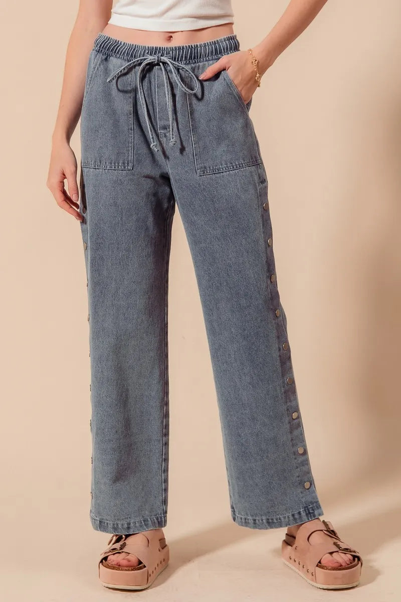SO ME Mid Rise Drawstring Jeans with Side Snap Button DENIM