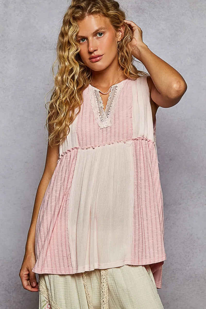 POL Pink Lace Trim Two-Tone Babydoll Tank with Pintuck Detail Pink