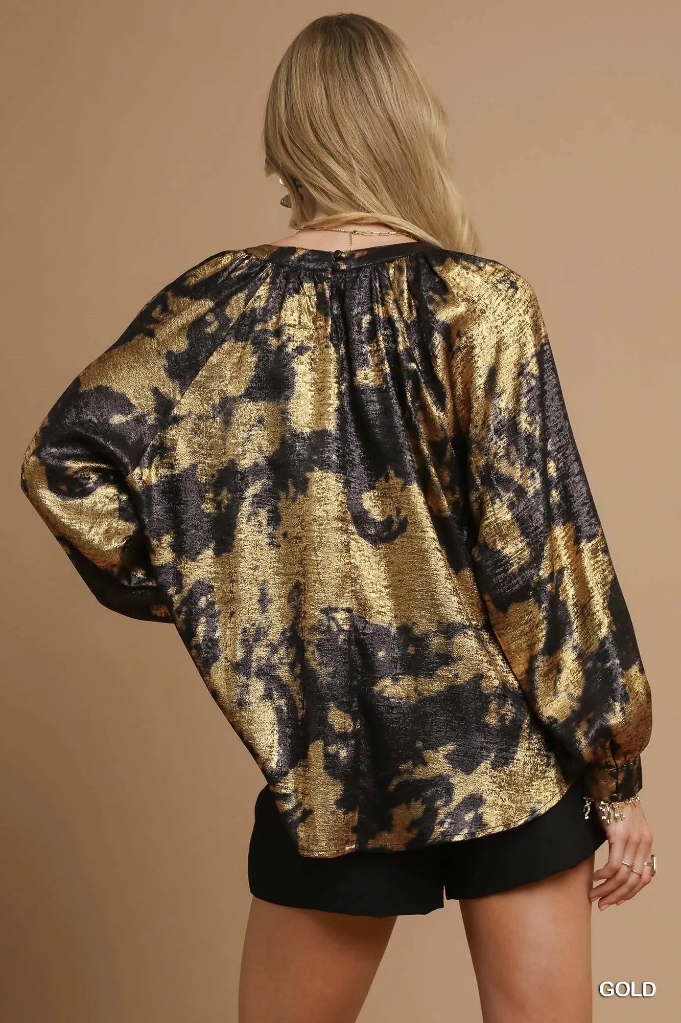 Umgee Gold Metallic Fabric Blouse with Balloon Sleeves