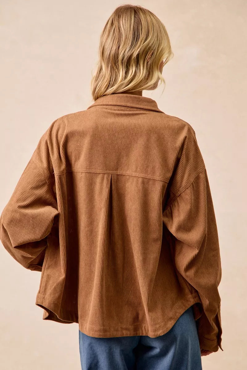 BiBi Camel Corduroy Relaxed Fit Shacket with Back Pleat