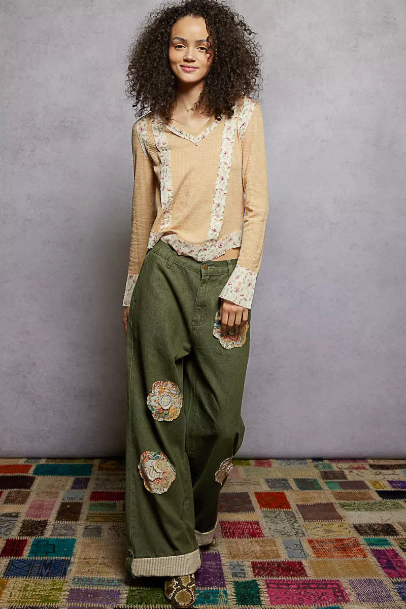 POL Nude Beige Floral Patch V-Neck Long Sleeve Ribbed Top