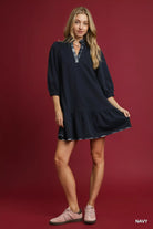 Umgee Navy French Terry Ruffle Hem Dress with Plaid Trim