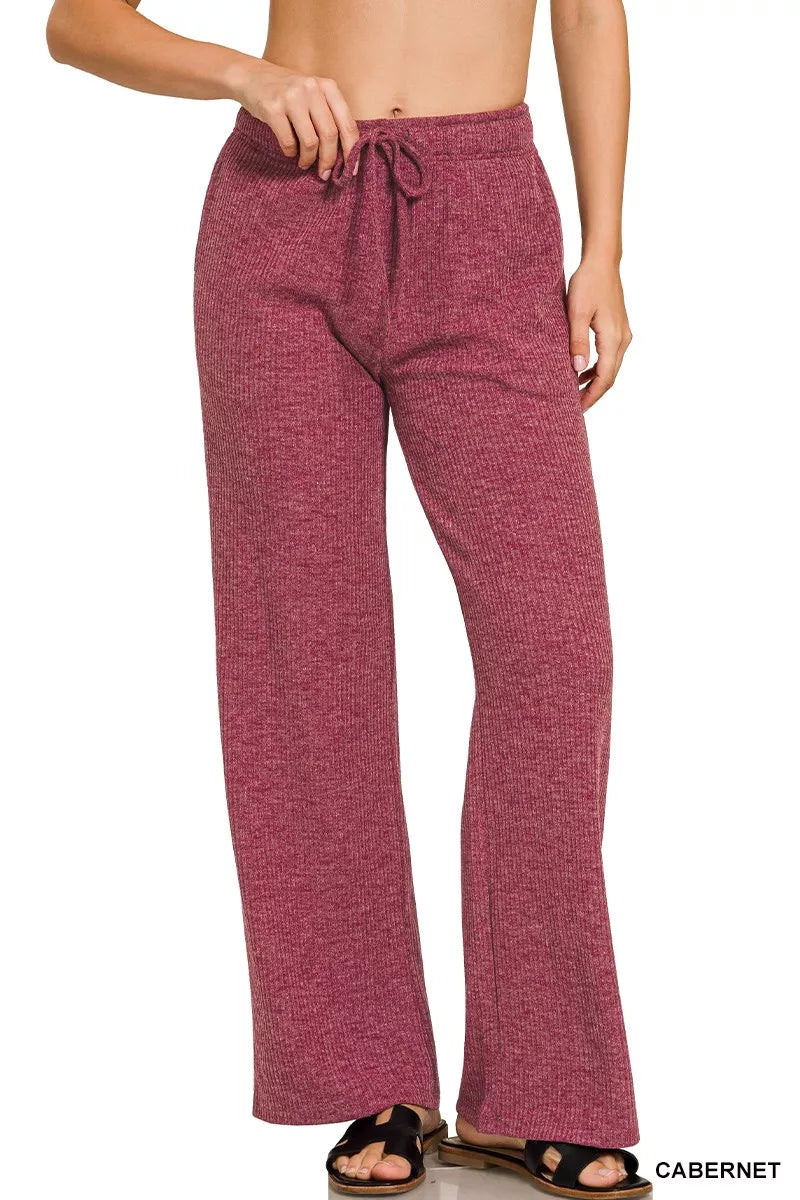 Zenana Cabernet Ribbed Drawstring Lounge Pants CABERNET