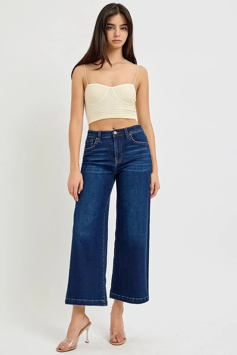 RISEN Dark Washed High Rise Cropped Wide Leg Jeans