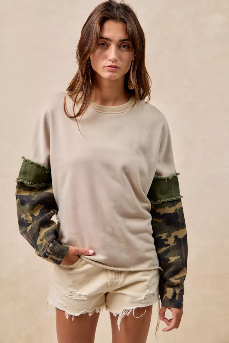 BiBi Taupe & Olive Camo Sleeve French Terry Top with Frayed Edge