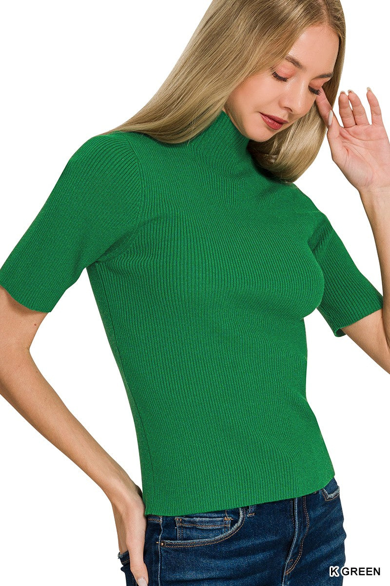 Zenana Kelly Green Viscose Ribbed Mock Neck Sweater