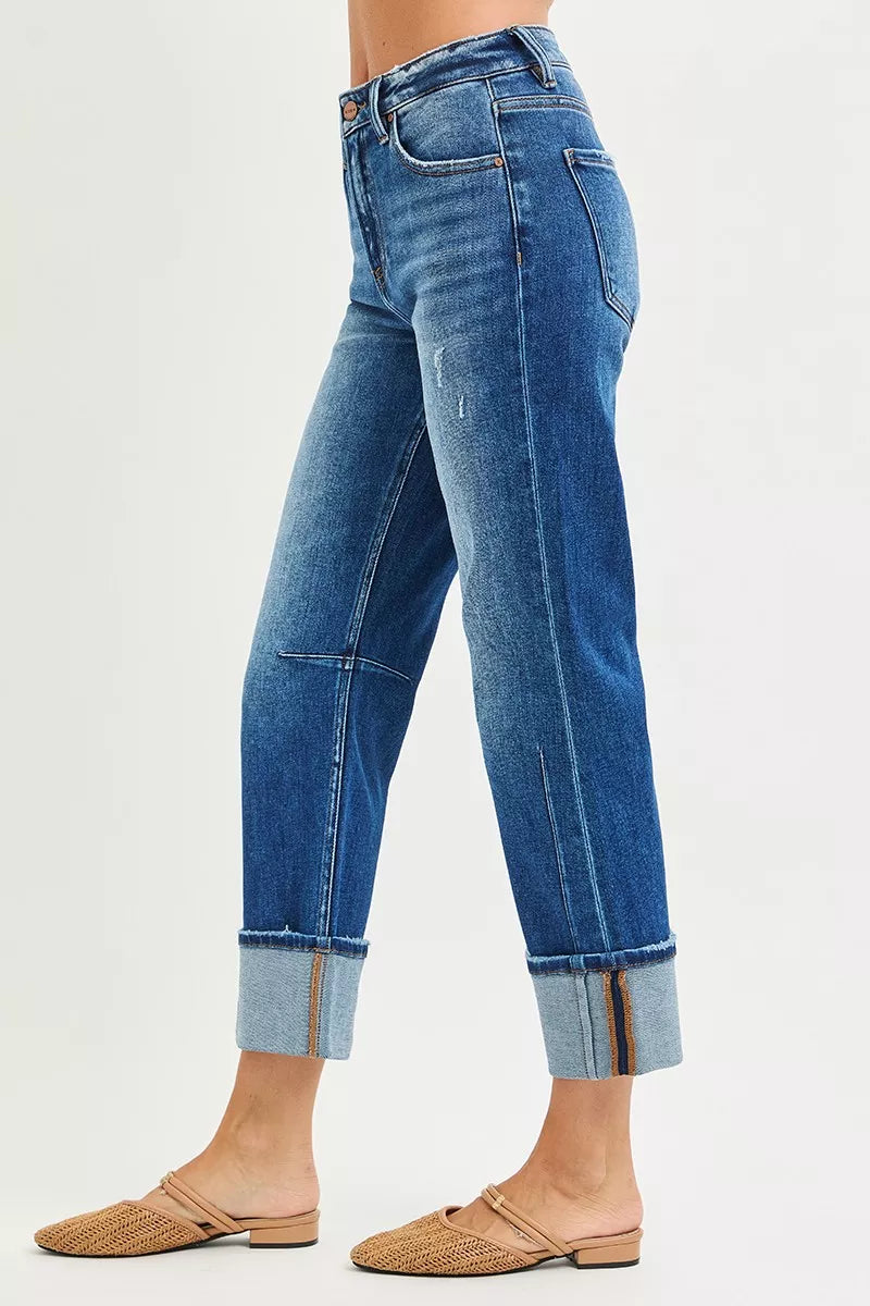 RISEN High Rise Straight Jeans with Distressed Hem