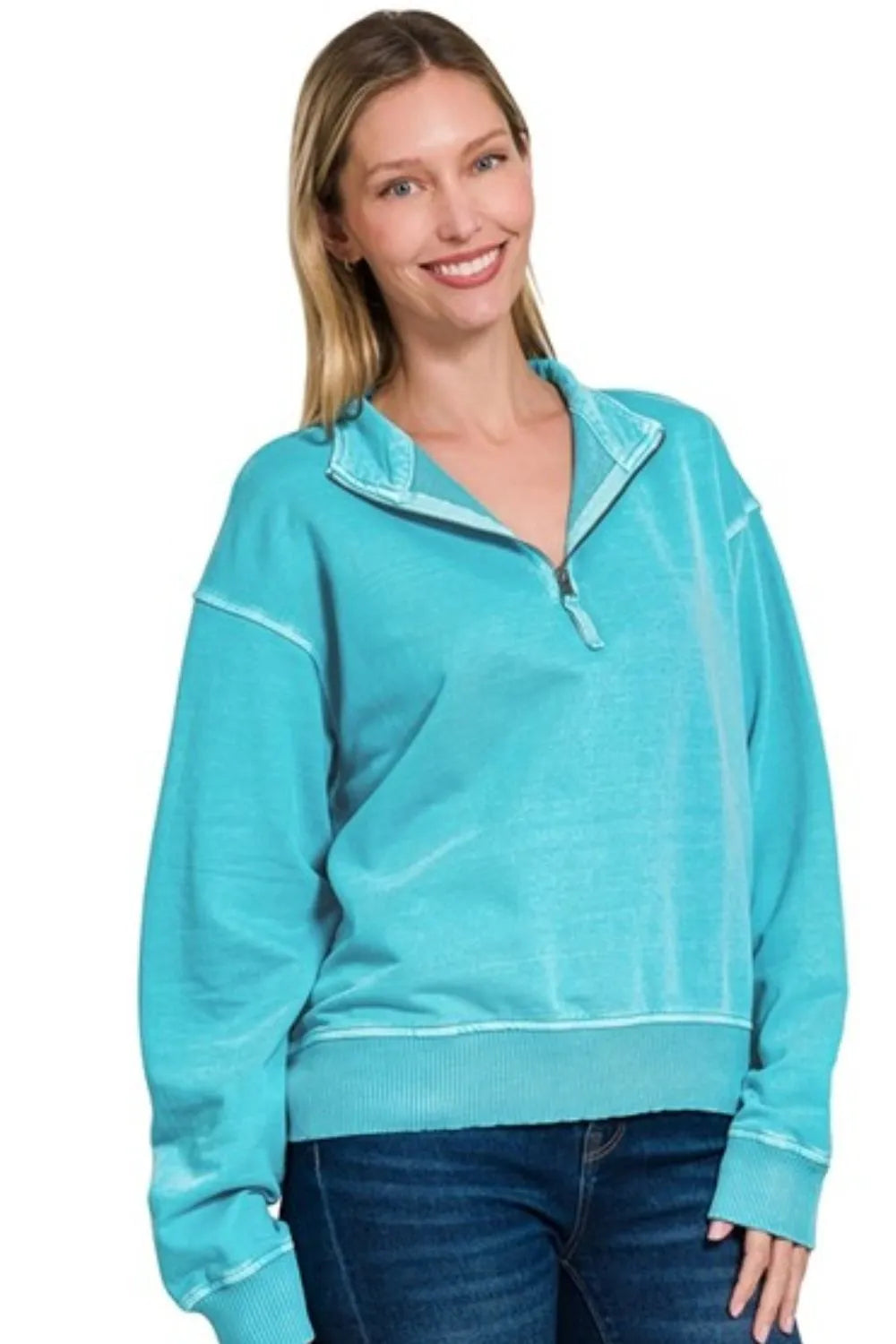 Zenana Ice Blue French Terry Pigment & Enzyme Washing Half Zip Top