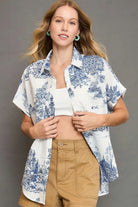 Umgee Blue Two Tone Toile Print Button Up Short Sleeve Blouse Blue